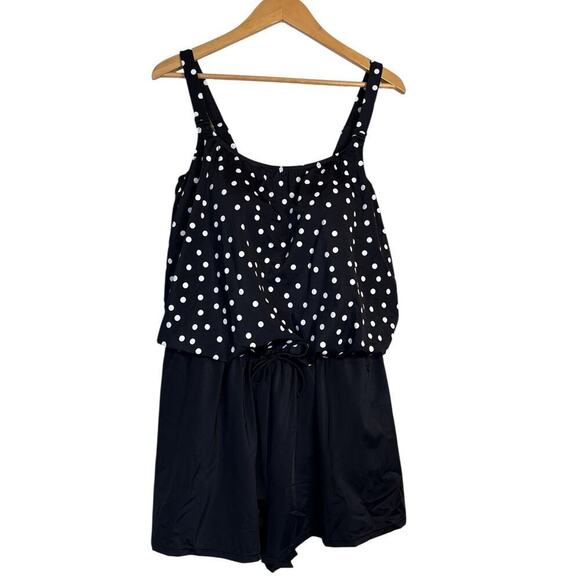 Swim Solutions Women's Polka Dot One Piece Swim Romper Size 16W Black White NWT - Picture 2 of 12